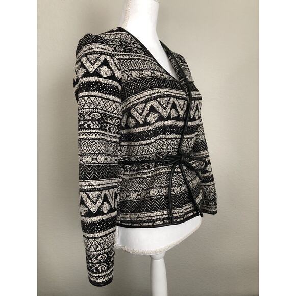 H&M Womens Size 2 Open Cardigan Faux Leather Tie Trim Aztec Black Tweed #4192 - Picture 4 of 10